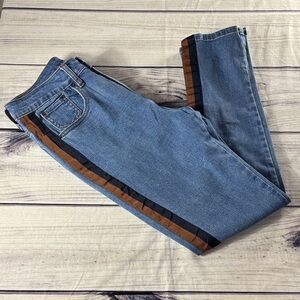A Loves A Tan & Navy Stripe Blue Denim Jeans skinny leg. Cotton, poly, blend